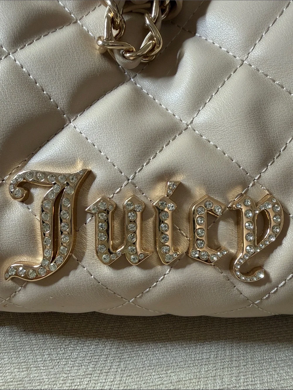 Juicy Couture Quilted Cream Shoulder Tote with Gold Chain